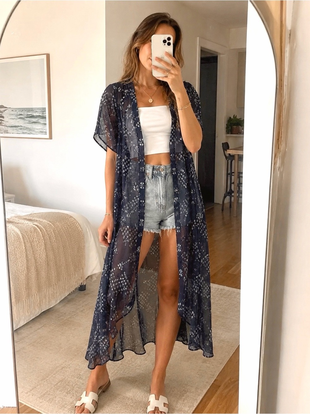 Hollister Navy Floral Sheer Kimono Duster Beach Cover Up One Size